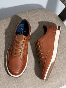 SHOESMALL Men's  PU Fashion Sneakers Classic Retro Casual Yellow Brown Shoes For Men Breathable Business Dress Sneaker - A81Q07-黃褐色 - 查看 1