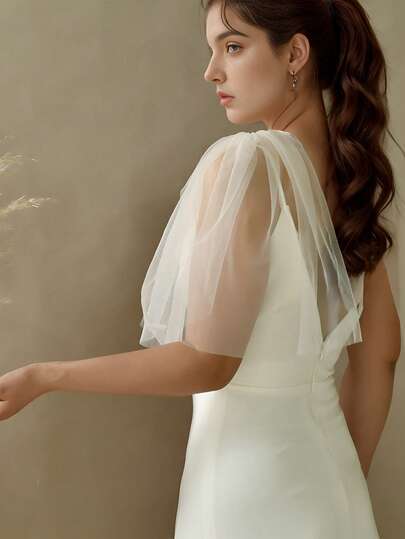 1 对纯色伴娘披肩，适合新娘婚礼派对的时尚臂套，可拆卸柔软雪纺，适合多种场合，适合女士秋季服装