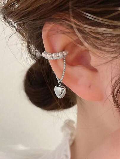 1 Piece Simple Copper Heart Faux Pearl Crystal Single Ear Clip, Elegant Everyday Wear For Women