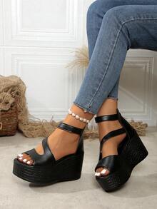 Sandali con zeppa, punta aperta e tacco oversize, con cerniera sul retro, di moda e versatili, antiscivolo, con platform, colore nero, adatti per l'estate