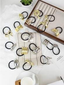 1/3/4/6pcs Set Solid Color Gold Metal Flower, Heart, Geometric Shape Hair Scrunchies, Elegant Vintage Glitter Elastic Hair Accessories For Party, Festival, Daily Outfit, Oval Design Suitable For Women (Small Scratches On Accessories Are Normal), Ponytail Holders, Hair Elastics, Hair Rubber Bands - Gold 6-piece Set - View 11