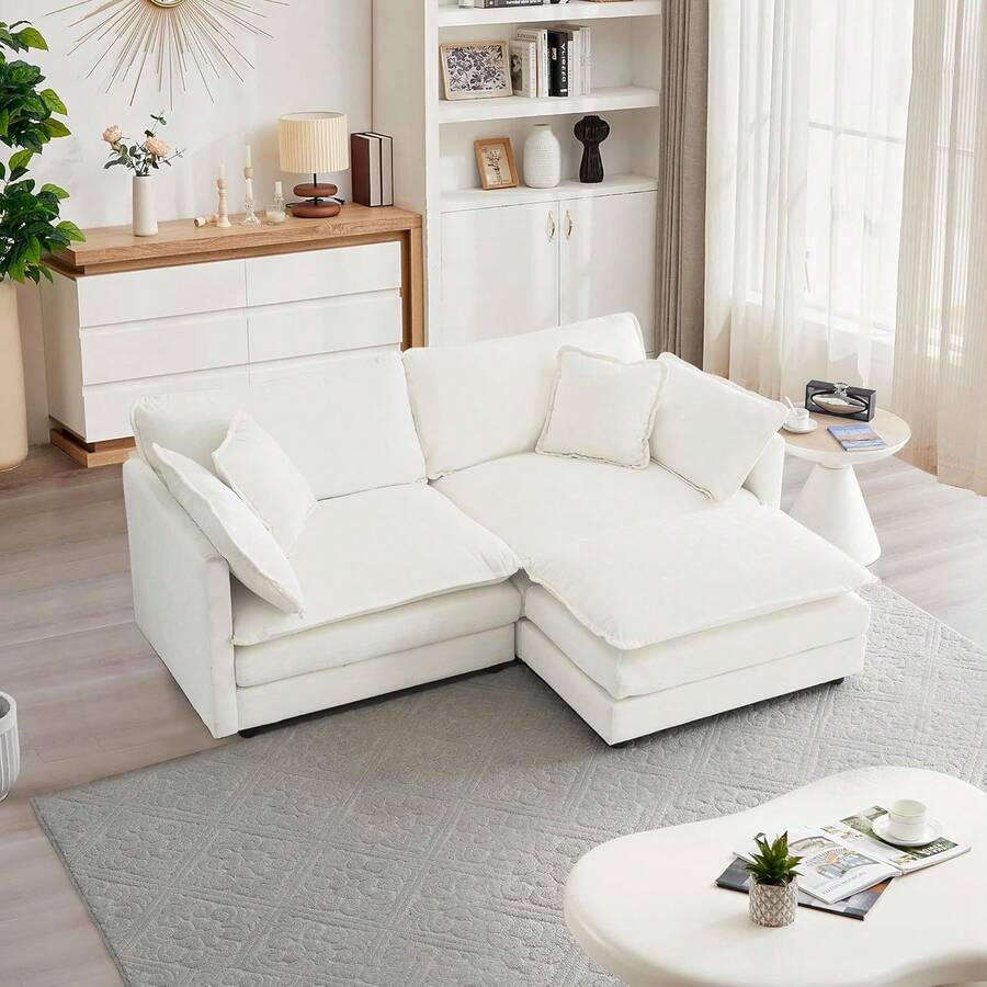 Modular Sectional Sofa, 76.4 Inch L Shaped Couch Set For Living Room, Loveseat Comfy Cloud Couches With Movable Ottoman, DIY Combination, Chenille, Beige - Beige 2 Seat+1 O - 查看 1