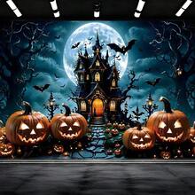 1pc Ghost Night Castle And Pumpkin Lantern Background Banner - Terrifying Bat And Full Moon Design, Suitable For Halloween Decoration, Day Of The Dead Decoration, Christmas, New Year, Autumn Decoration, Party Supplies, Party Decor, Indoor And Outdoor Garden And Courtyard Decoration - Multicolor - View 2