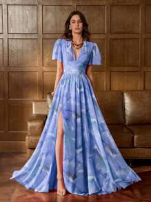 Faeriesty Printing Elegant Floral Chiffon Evening Gown With Short Sleeves, V-Neckline & A-Line Skirt – Ethereal Elegance For Black-Tie Dinners, Bridal Parties, Art Gallery Events, And Garden Parties