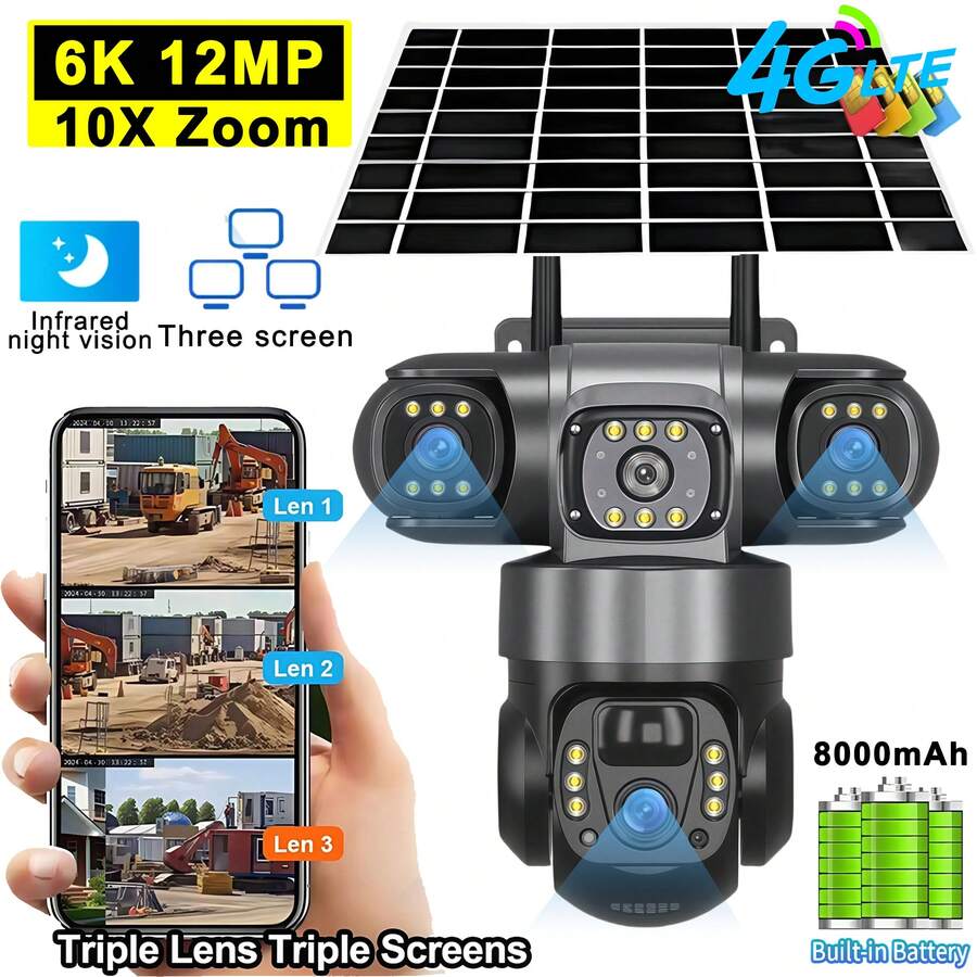 SWVW 4G 太阳能 IP 摄像机 4G CCTV 12MP 双镜头三屏 PTZ 自动跟踪 6K 好奇安全监控 V380 Pro 摄像机，4G 室外和室内安全家用摄像机，无线 4G 摄像机，IP 摄像机，PTZ 摄像机，环形摄像机，智能室外室内 PTZ IP 监控摄像机，自动跟踪， - 4G SIM卡 攝影機 - 查看 1