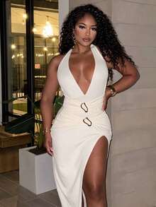Alexandranx Deep V-Neck, Waist Ruched, Metal Decor Button, High Slit, Sleeveless, Textured Long Dress, Sexy - Apricot - View 1