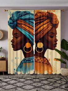 2pcs 100% Polyester Washable Curtain With African Woman Print In Blue & Orange Color, Suitable For Living Room & Bedroom - Multicolor - View 8