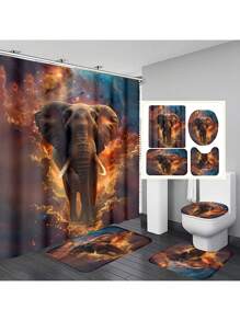 1/4pcs Star Giant Elephant Shower Curtain Set, Decoration Bathroom Set Including High Quality Shower Curtain, Non Slip Floor Mat, Toilet Cover, Bathroom Mat And 12 Plastic Hooks, Bathroom Accessories, Home Decoration Back To School