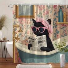 1 Pc Cute Cat Shower Curtain,Durable Polyester Fabric, Waterproof, Punch-Free And Easy To Install, Suitable For Home, Hotel, Vacation, Gift,Bathroom Curtains Shower Set With 12 Hooks,Fun Cartoon Animals Raining Colorful Funny Cute Pets Playing Water Art,Room Decor,Bathroom Decor