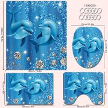 1/4 Stück Blauer Delfin & Strass Themen Badezimmer Set, beinhaltet Duschvorhang, Badematte, U-förmiger Toilettendeckel, wasserdicht, modernes und stilvolles Badezimmer Dekor, ohne Bohren, maschinenwaschbar Polyester Rückseite Für den Schulanfang