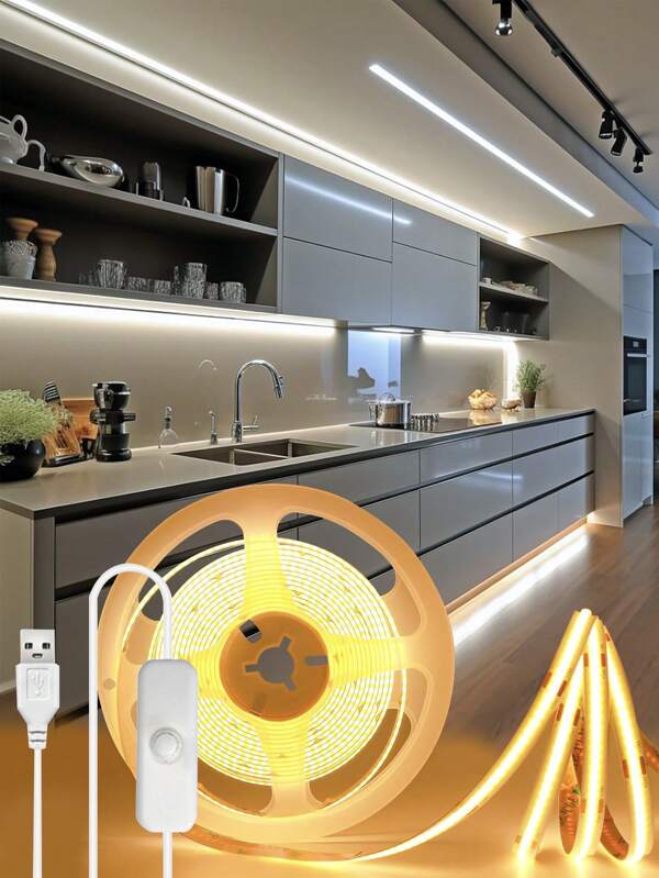 1-5m Bande lumineuse LED à intensité variable à bouton COB alimentée par USB, haute densité 320 LED/m, bande LED flexible alimentée par USB pour rétroéclairage de TV, armoire, chambre à coucher