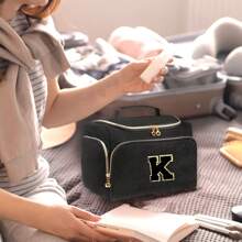 1pc Black Polyester Travel Toiletry Bag With Handle - Alphabet Pattern, Wet/Dry Separation, Machine Washable, Portable Makeup Organizer For Both Men & Women, Ideal Gift For Family & Friends, Daily Cosmetics Storage, Fashionable Makeup Case, Practical Design, Fabric, Must-Have For Frequent Travelers