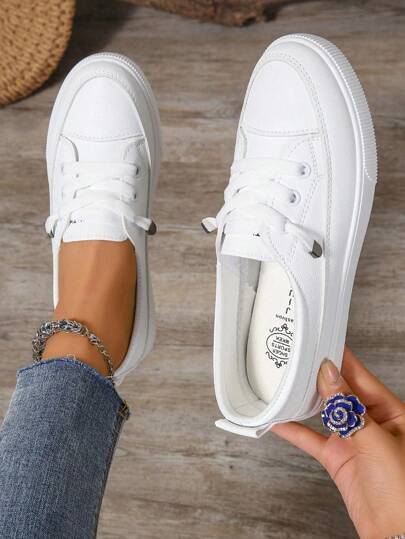Fall/Winter Women Plus Size White Sneakers, Versatile Casual Sports Shoes For School, Comfortable Flat Fashion Lace-Up Trainers