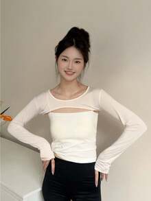 1pc Women Lightweight Viscose Black Versatile Asymmetrical Shoulder Sleeve Short Cover Up, Slim Fit Layering Long Sleeve Sexy Collar Cover Up