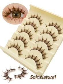 Rikuaild 5 Pairs Cartoon Style False Eyelashes, Brown, Anime Style, Natural Thin & Soft Brown Lashes, Transparent Band Reusable, Natural Lashes In Korean Style - Lông mi Manga nhọn - Xem 3