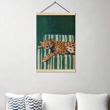 1 pieza Póster de lienzo con marco de madera, arte de pared imprimible, pintura minimalista de un leopardo tomando café, decoración de café de dopamina, decoración de cocina colorida y de moda, póster de amanecer vívido - Multicolor - Ver 3