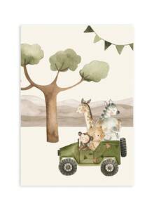 1件/3件/套婴儿房装饰画。动物历险记婴儿墙面艺术套装 - 水彩动物印花、热气球印花、猫咪飞机印花、月亮和云彩背景、柔软彩旗细节、婴儿房墙面装饰