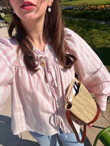 Striped Print Twist Pleated Edge Casual Long Sleeve Shirt