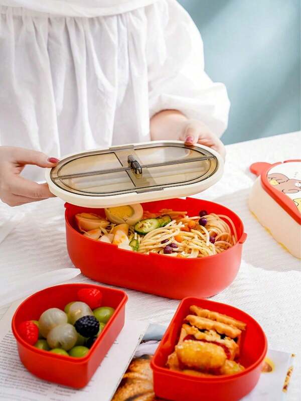 Double Handle Plastic Lunch Box With Utensils - Microwave-Friendly Design Bake & Serve Set For Office And Canteen Use