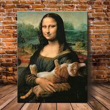 [High-Definition Mona Lisa Canvas Art] Fashion-Themed Mona Lisa With Cat Canvas Wall Art, Modern Home Decor, High-Definition Print, With Wrapped Canvas Frame, Pine Wood For Office, Living Room, Bedroom, Bathroom, Cafe - Multicolor - View 4