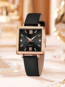 3 Pieces Of Women's Black Watch Straps, Fashionable And Casual Mixed Scale Square Case Quartz Watch Bracelet Jewelry Set, Suitable For Daily Wear Decoration Or Holiday Gifts
