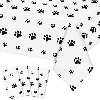 4 件可爱小狗爪印一次性矩形塑料桌布，108*54 英寸，防水，适用于宠物狗主题生日派对、厨房和餐厅装饰