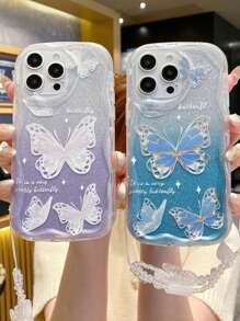Accesorio de teléfono estilo Fairycore de 1 pieza, soporte de tarjeta con degradado azul y brillos + pulsera con mariposa + funda de TPU azul anti-caída compatible con iPhone 15/15Pro/15Plus/15Promax Kawaii