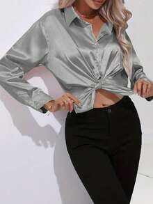 女式优雅百搭垂坠复古长袖缎面衬衫，春夏 - 銀灰色 - 查看 10