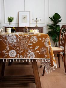 1pc American Country Nordic Style Hydrangea & Peony Embroidered Tassel Tablecloth, Suitable For Coffee Table, Dining Table - Yellowish White - View 4