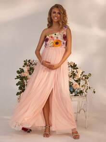 Joyfunear Maternity 3D Floral Embroidered One Shoulder Split Hem Dress - Pink - View 6