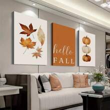 3 piezas Cuadros de arte de pared abstracto moderno de hojas de otoño y calabazas, pintura sobre lienzo vibrante para decoración de pared de otoño en el hogar