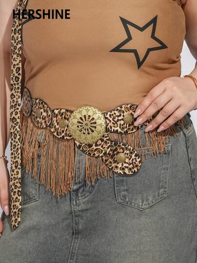 Hershine 1pc Women's Vintage Western Boho Style Elastic Waist Belt, Animal Print Leopard Patchwork, Antique Bronze Round Hollow Flower Buckle, Antique Bronze Eyelets Decor