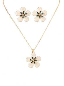 1 Paar Ohrringe & 1 Halsketten Set, modisches Legierungs-Strass-Email-Blumen-Design Ohrringe und Halskette Set, geeignet für den täglichen Gebrauch