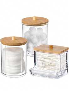 3pcs Cotton Swab Storage Box, Ball Pad Dispenser, Clear Acrylic Holder With Bamboo Lid, Bathroom Cosmetic Organizer Set - Multicolor - View 2
