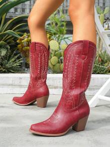 Women's V-Cut Pointed Toe Chunky Heel Embroidered Western Cowgirl Boots, Outdoor Fashion Slip-On Mid-Calf Boots, Spring/Autumn, Plus Size