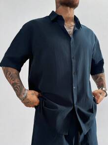 Men's Drop Shoulder Shirt, 100% Cotton Short Sleeve Shirt, Solid Color Loose Fit Turndown Collar Shirt, Breathable Business Casual Office Wear, Vacation Casual Gift, Gift For Dad, Retro Black Shirt