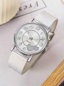 1pc Fashionable Minimalist Oversized Numeral Heart Dial Steel Strap Ladies Quartz Watch