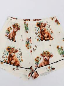 [Bộ đồ ngủ Livanti] Bộ 3 món dành cho nữ, gồm quần short và quần dài, áo sơ mi cổ bẻ cài nút, họa tiết bò sữa dễ thương, dáng rộng thoải mái, phù hợp cho mọi mùa, đồ mặc nhà. - Màu be - Xem 9