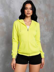 Sudadera capucha mujer dama cremallera frontal bolsillo canguro manga larga tela suave cierre ajustado diseño casual verano otoño invierno - Mostaza Amarilla - Ver 4