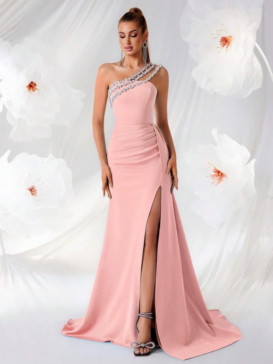 Elisanya Rhinestone Embellished Backless Tie-Up High Waist Long Tiered Slit Dress, Suitable For Banquet, Party, Gala - Pink - View 1