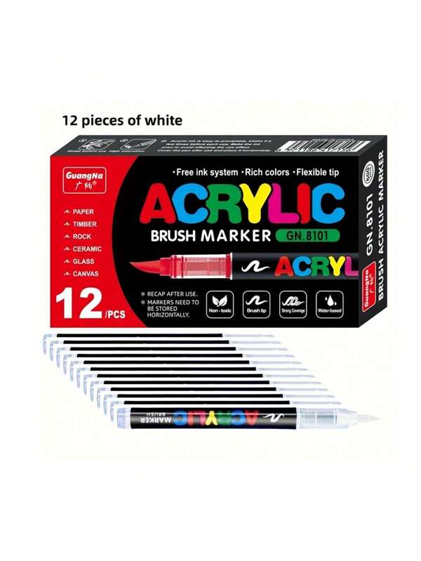 12 Stücke weiße Acryl Pinsel Marker - hohe Tintenergiebigkeit, geruchlos, Aquarellstifte für Stein, Holz, Kunststoff, Stoff - ideal für DIY Basteleien, Büro, Studium, Kunstbedarf, weiche Spitzenmarker als Weihnachtsgeschenke, Bastelmaterial, Schulsaison weiße Acrylmarker