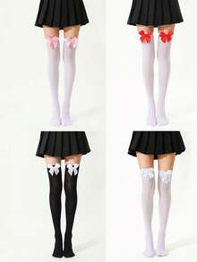 1 Pair Women Velvet Bow Accent Thigh High Stockings, Sexy Tempting Japanese Cute Style, Polyester Material, Summer