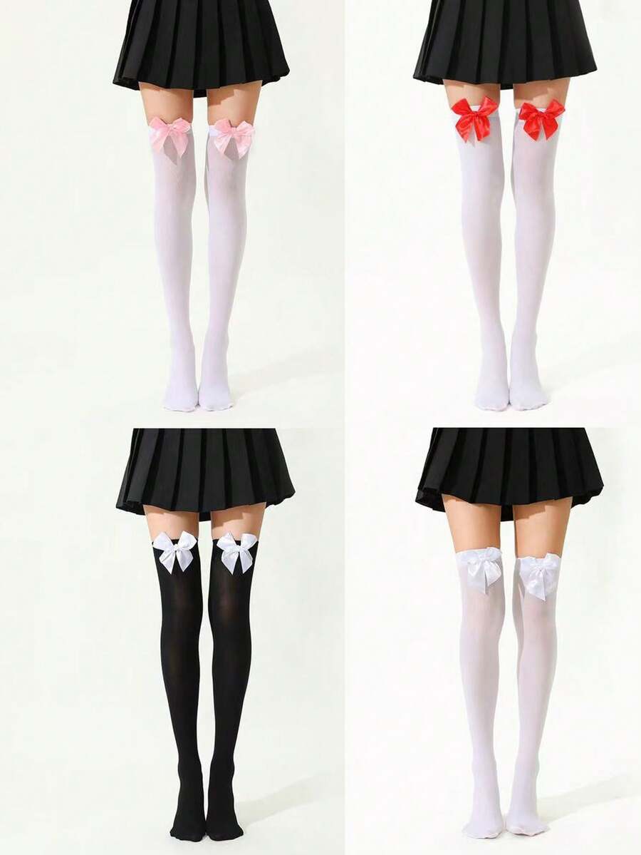 1 Pair Women Velvet Bow Accent Thigh High Stockings, Sexy Tempting Japanese Cute Style, Polyester Material, Summer