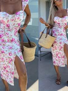 女式花卉印花露背高开衩紧身连衣裙，细肩带中长连衣裙，适合休闲度假，可机洗，不可干洗