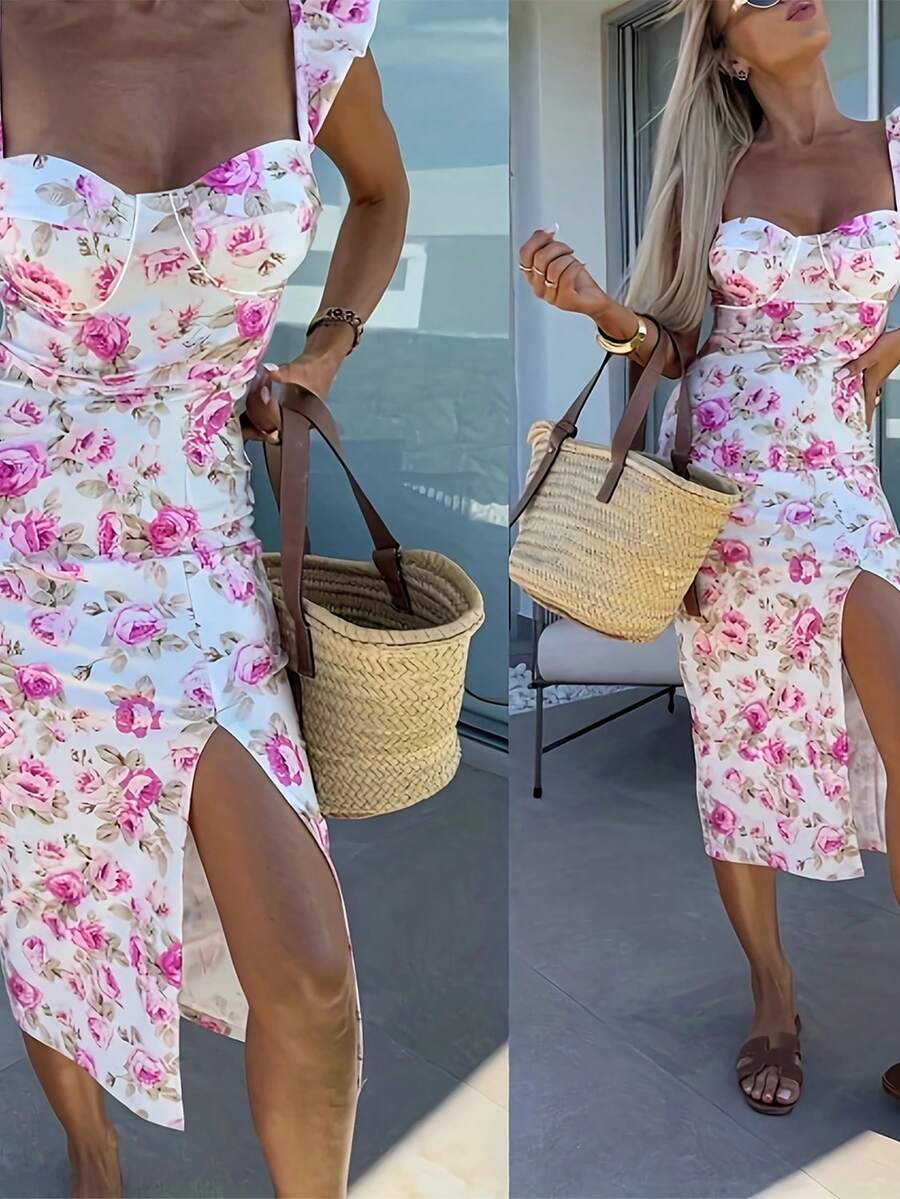女式花卉印花露背高开衩紧身连衣裙，细肩带中长连衣裙，适合休闲度假，可机洗，不可干洗