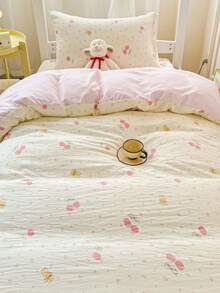 3/4pcs Ditsy Floral Bow Kitty Bedding Set (1*Duvet Cover + 1*Bed Sheet + 1/2*Pillowcase) Cherry Blossom Ditsy Floral, Cartoon Line Bear Print, Fashion Pattern, Soft Touch, Skin-Friendly Fabric, Machine Washable, Suitable For All Seasons, Duvet Cover & Pillowcase Without Filler - Multicolor - View 8