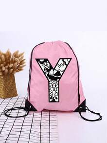 1pc A-Z Graffiti English Letter Outdoor Backpack, Kids Drawstring Closure Bag, Large Capacity Sports Bag, Cute Cartoon Letter Print Sports Backpack For Boys And Girls - Pink - View 23