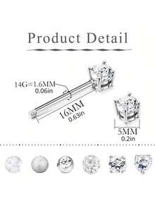 IRONBOX 1 件 14G 乳环 316L 医用钢心形 CZ 舌头杠铃身体穿孔环 - 銀色 - 查看 5