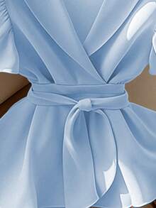 V-Neck Solid Color Ruffle Sleeve Cinched Waist Wrap Top With Tie Waist - Blue - View 2