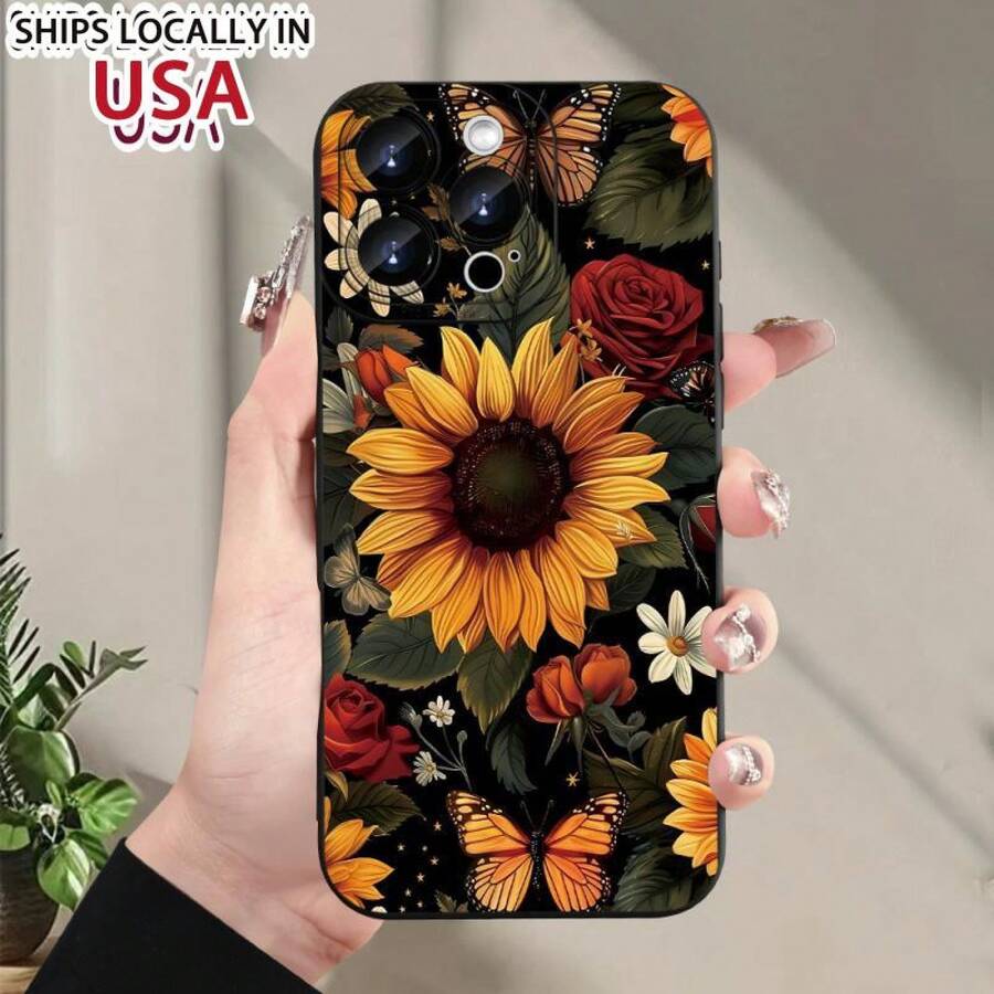 Creative Sunflower Pattern Phone Case, Suitable For IPhone 16/15/14/13/ Creative Fashion Design, Unisex, Gift For Friends, Family, Boyfriend, Girlfriend - Black - View 1
